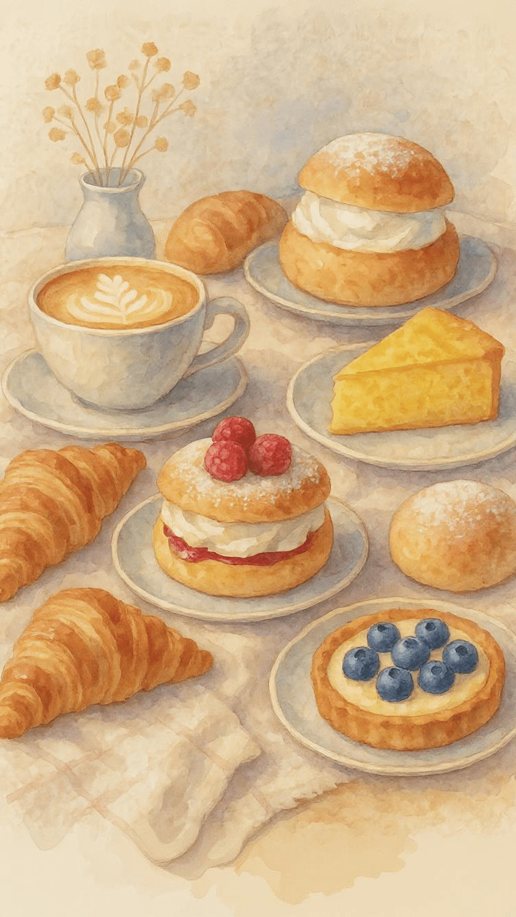 An artistic illustration of Nordic pastries, including pulla, buns, and fresh berries used in traditional Finnish desserts.