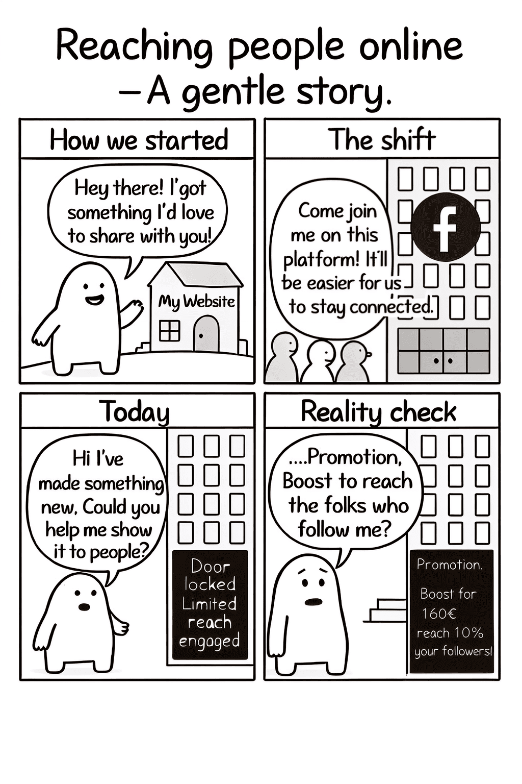 4-panel comic: Reaching people online — A gentle story